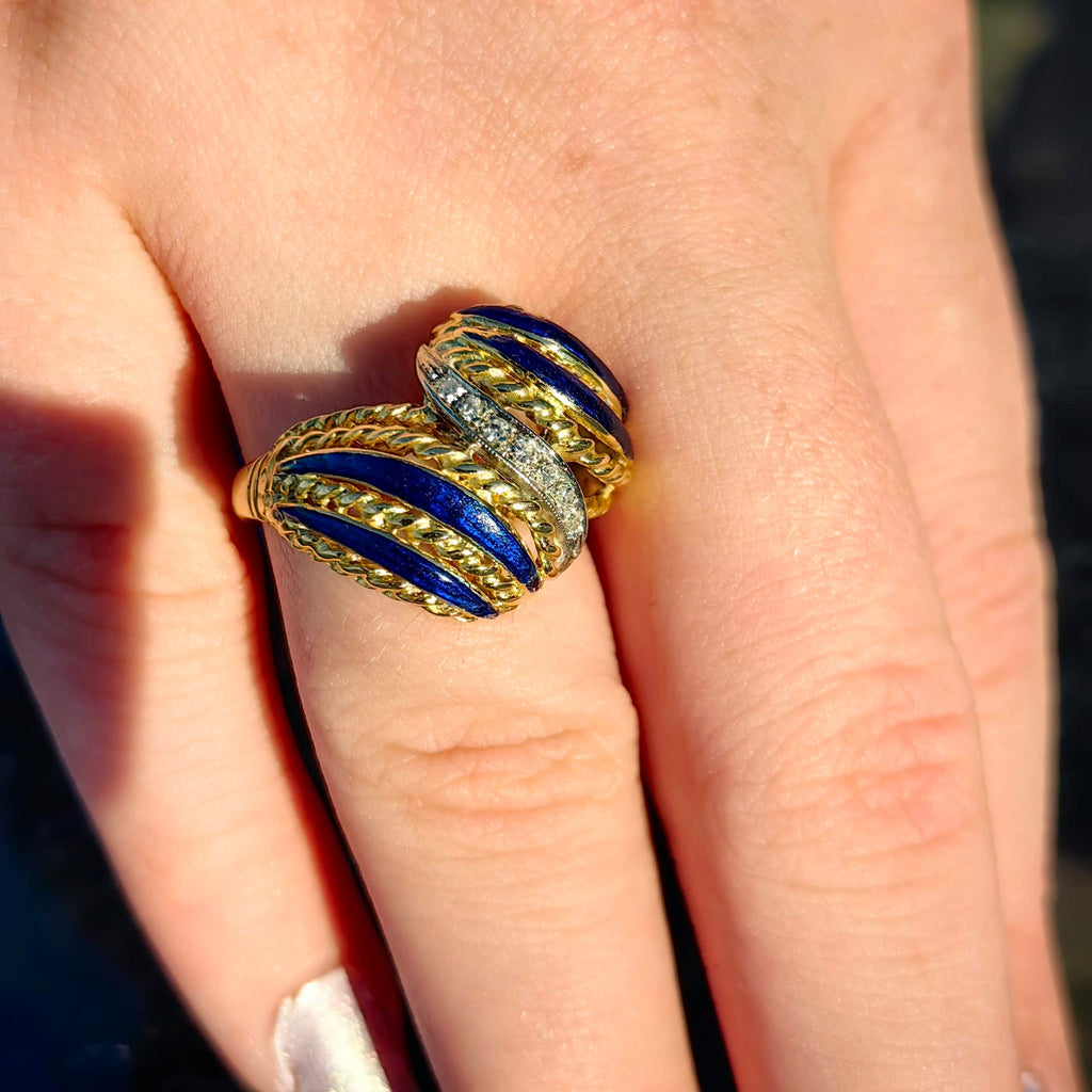 Vintage Antique Diamond Gold Blue Fire Enamel Statement Ring