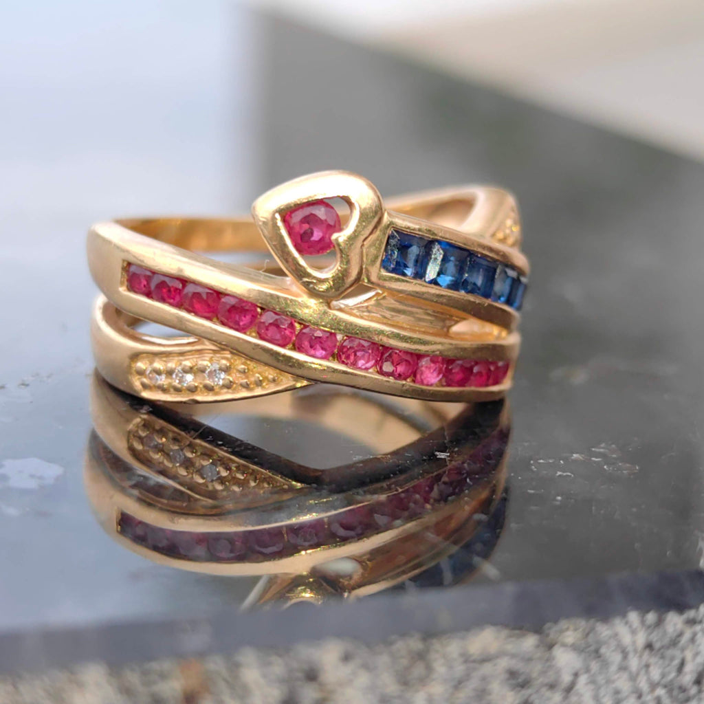 Vintage 18k Gold Snake Ring: Ruby, Sapphire & Diamond Statement Jewelry