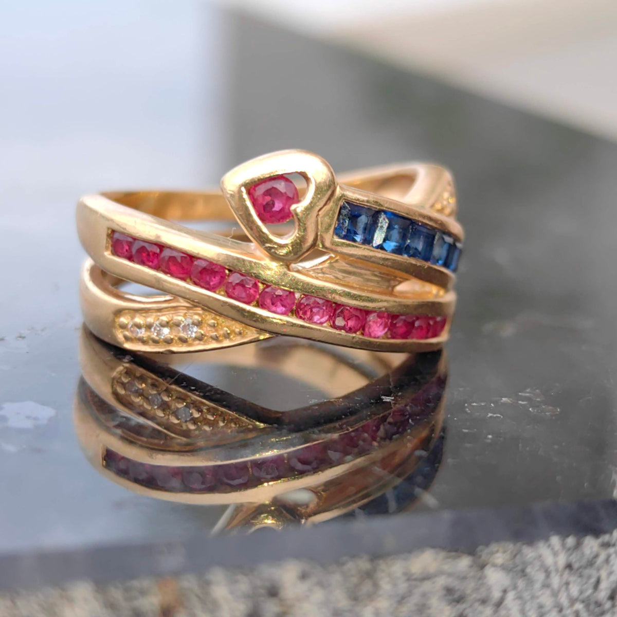 Vintage 18k Gold Snake Ring: Ruby, Sapphire & Diamond Statement Jewelry