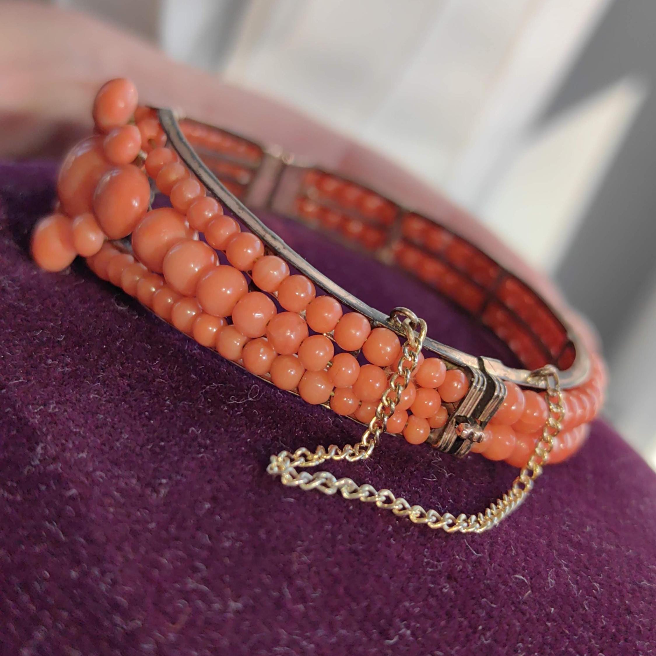 Victorian Coral Bracelet Gold Plated Silver Hinged Bangle Antique Coral Bead Statement Jewelry US Duty Free HTS 9706