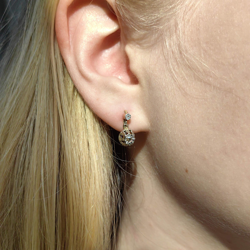 1940s Art Deco Diamond 18k Gold Earrings: Lever Back Dormeuse