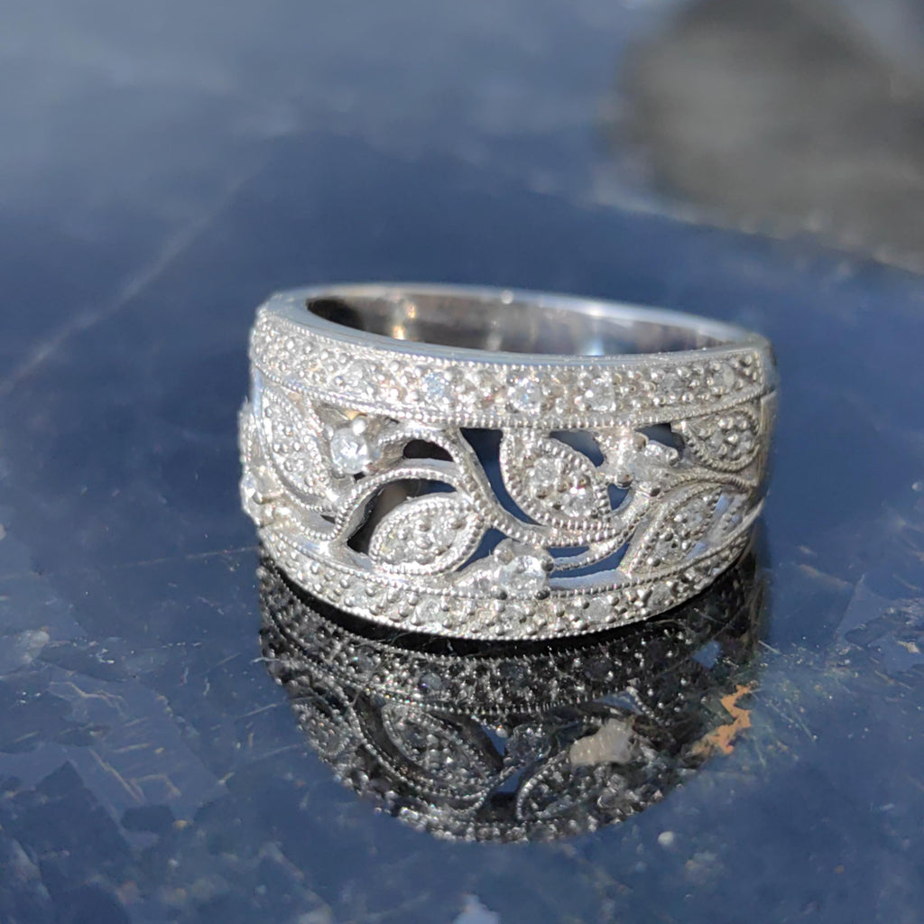 Diamond Floral Wedding Band: 14k White Gold Leaf Filigree Ring