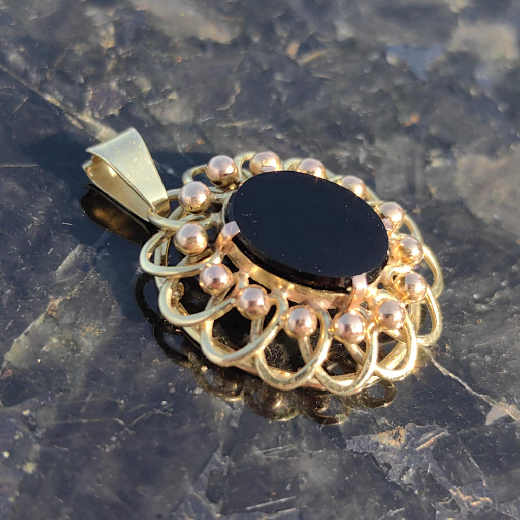 Vintage Black Onyx Yellow Gold Pendant - 1960s Statement Charm