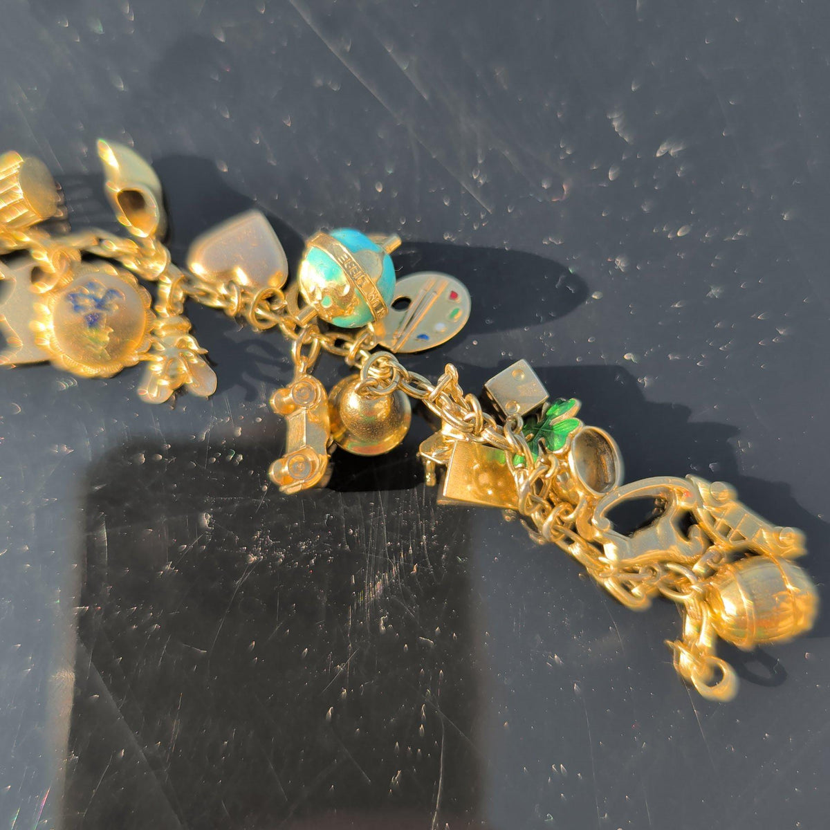 1920s Hallmarked 14k Gold Charm Bracelet, Whimsical Statement Antique Bracelet, 21 cm, 26.8g, Mixed Era Charms, Estate Gift