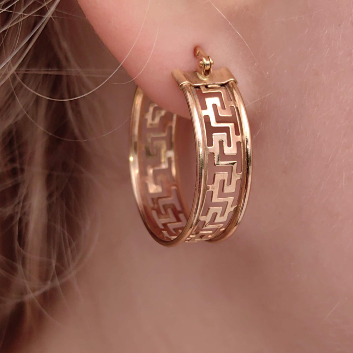 Vintage 14k Gold Hoop Earrings: Greek Meander Versace Style