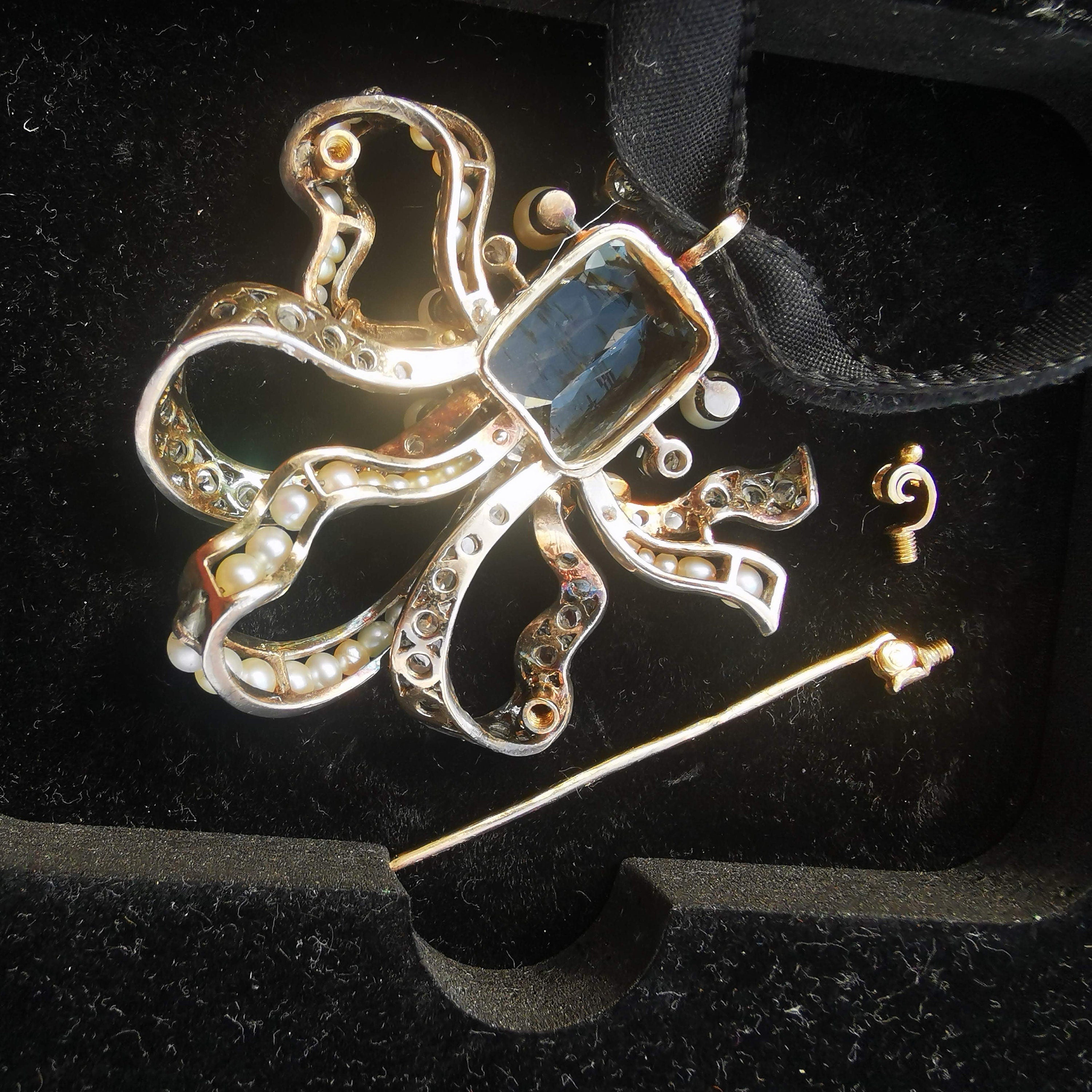 Victorian Blue Aquamarine Statement Brooch Elegant Pendant 14k Solid Gold Diamond & Pearl Bow Necklace Gift