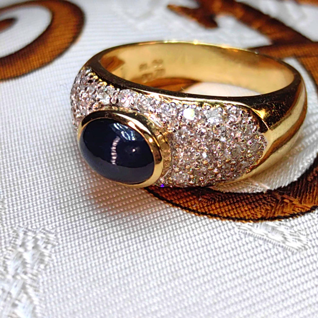 18k Gold Cabochon Sapphire & Diamond Ring - Unisex Statement