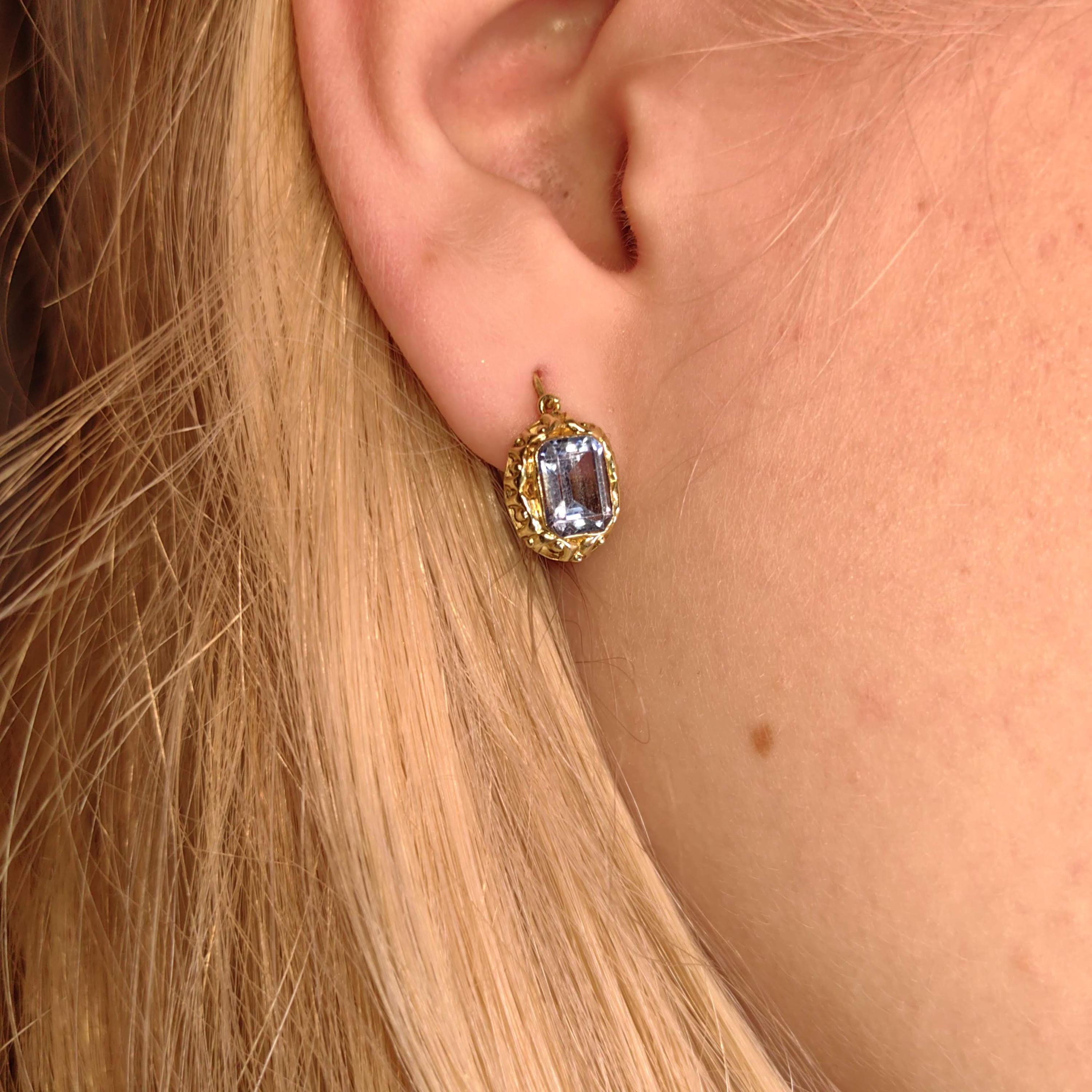 1940s Late Art Deco Aquamarine 14k Yellow Gold Earrings, Antique Vintage Dangle Statement Earrings, Gift for Her