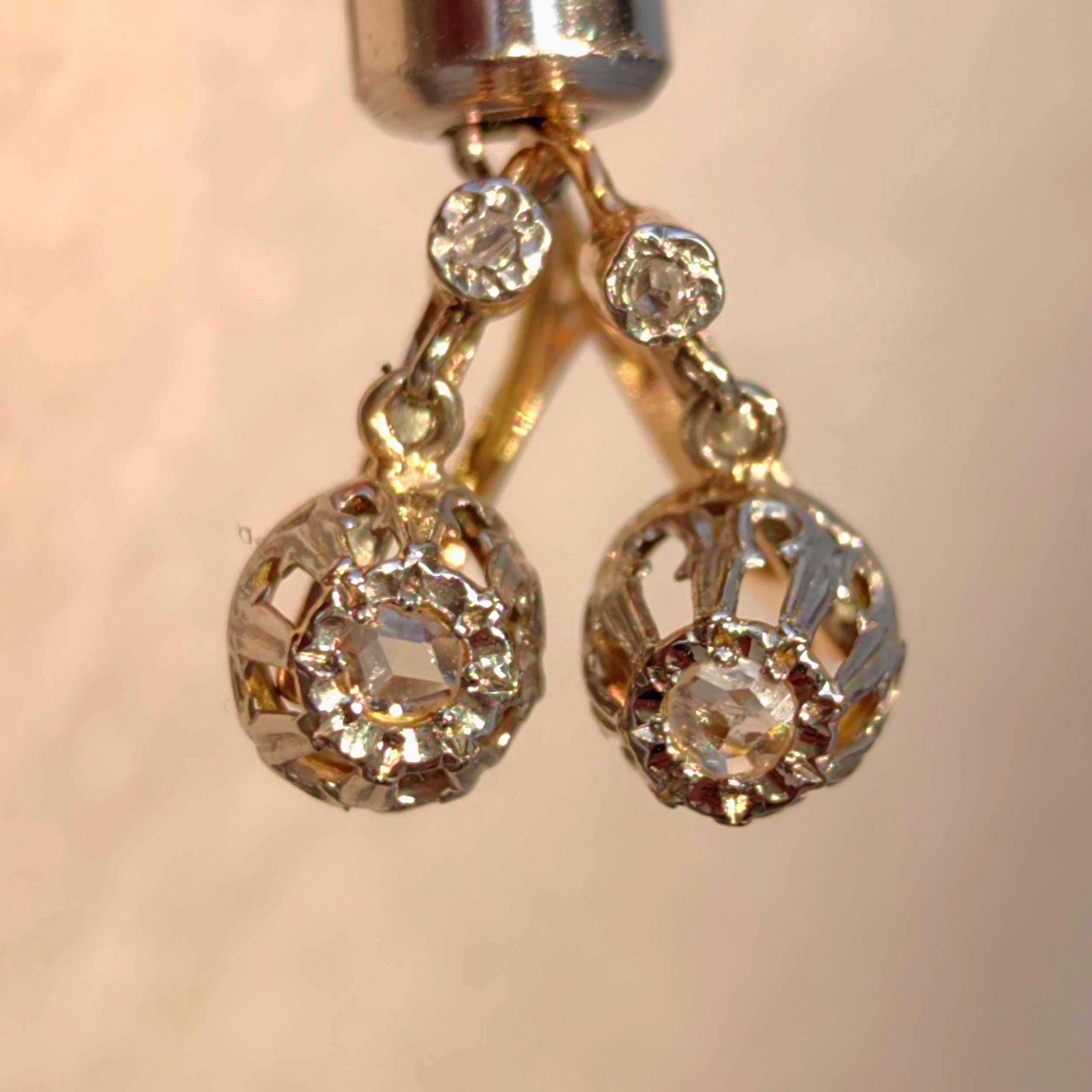 1940s Art Deco Diamond 18k Gold Earrings: Lever Back Dormeuse