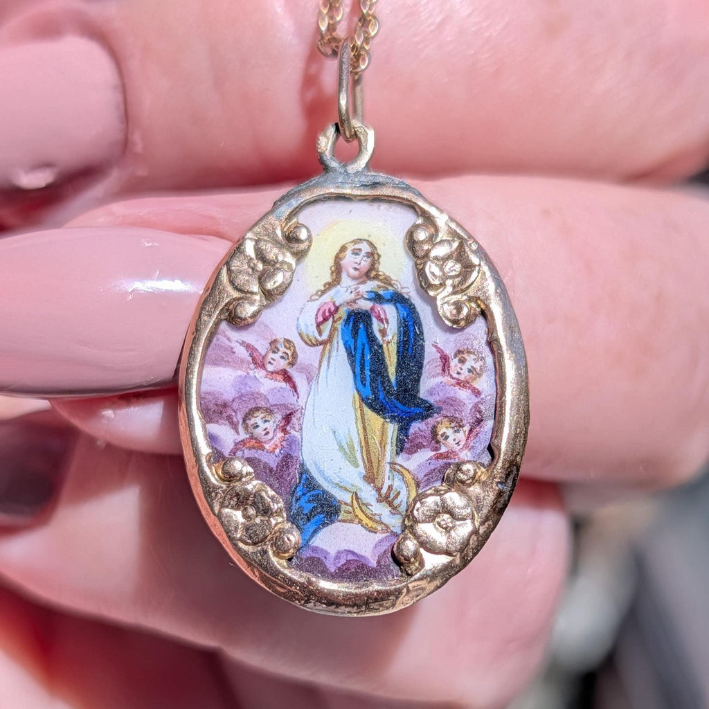 Antique 14k Gold Virgin Mary Pendant Hand Painted Enamel Religious Medal Catholic Charm Madonna Necklace Gift