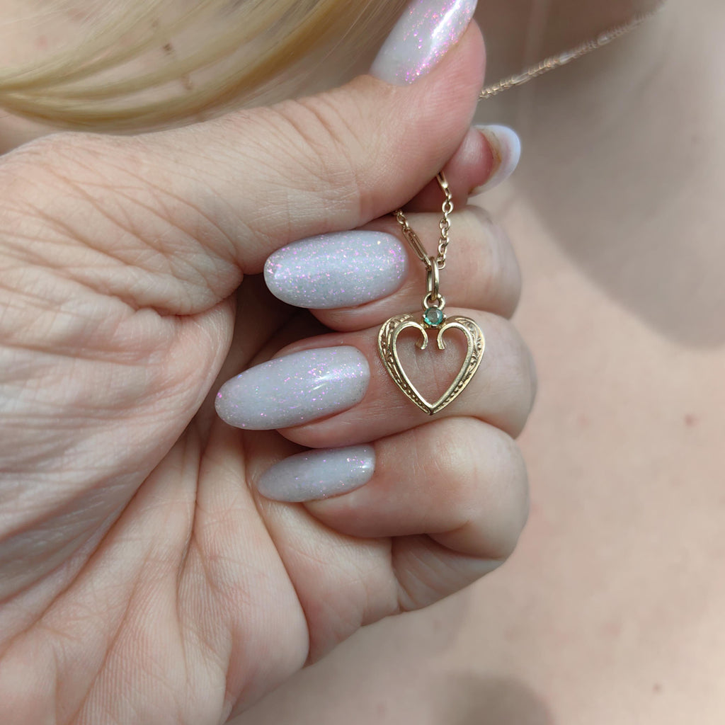 Solid 14k Yellow Gold Filigree Hand Chiseled Emerald Heart Necklace Pendant Antique Vintage Dainty Bracelet Charm Gift for Her