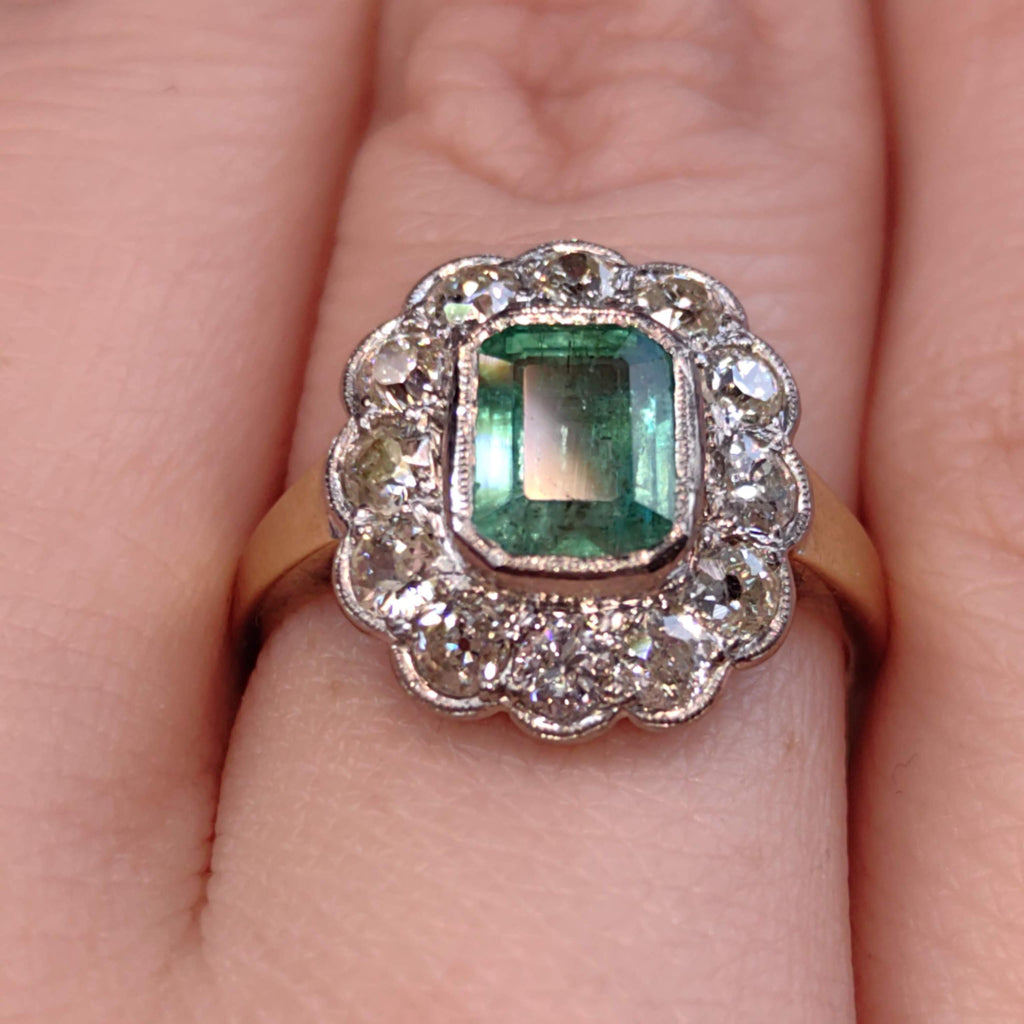 Antique 14k Solid Yellow Gold Natural Green Emerald Diamond 1900s Victorian Elegant Vintage Statement Ring Gift for Her