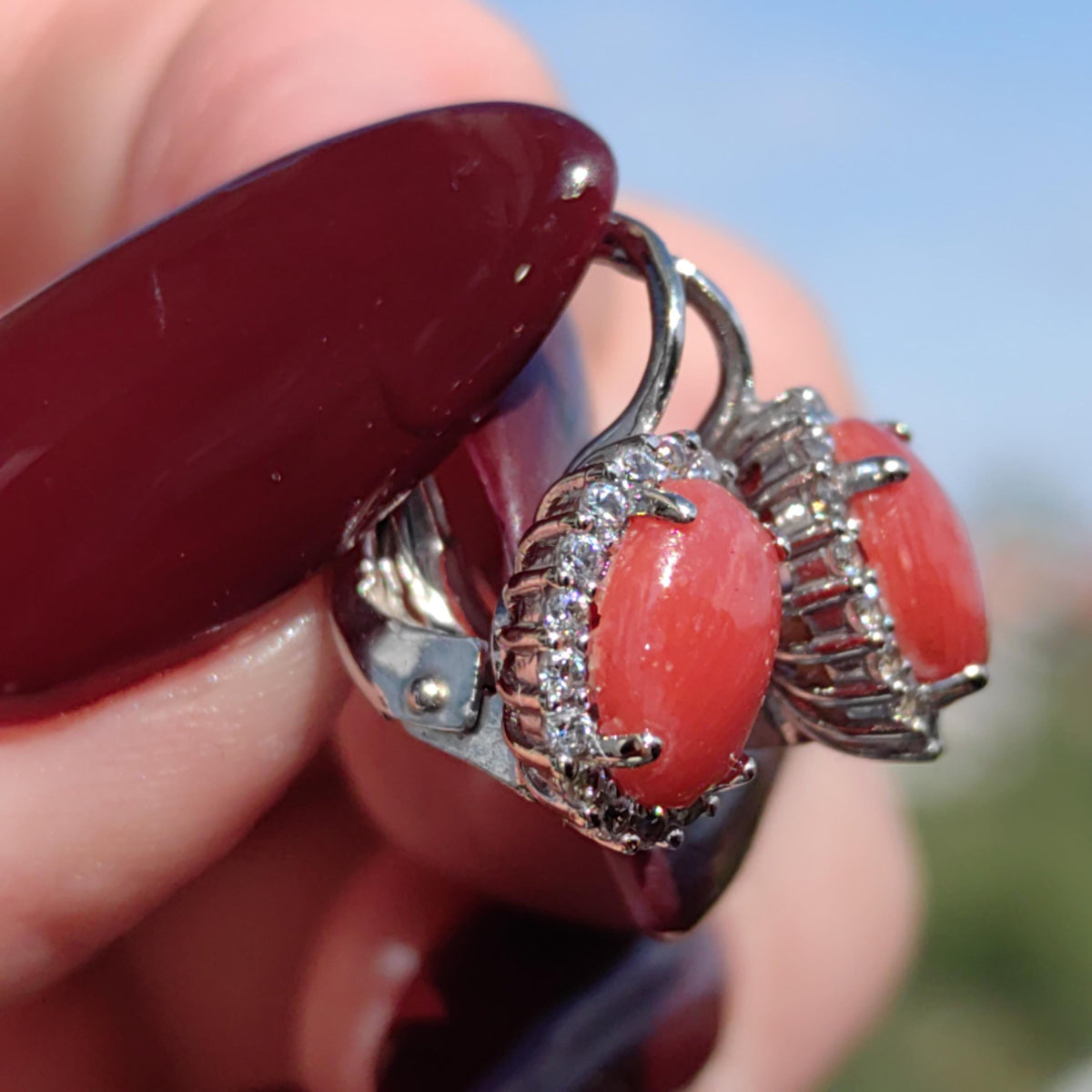 14k White Gold Oval Mediterranean Coral CZ Earrings – Vintage 1980s Sleepers