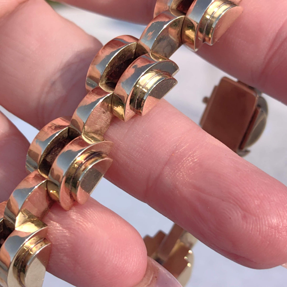 Art Deco 14k Gold Geometric Link Bracelet - 21cm Handmade Statement