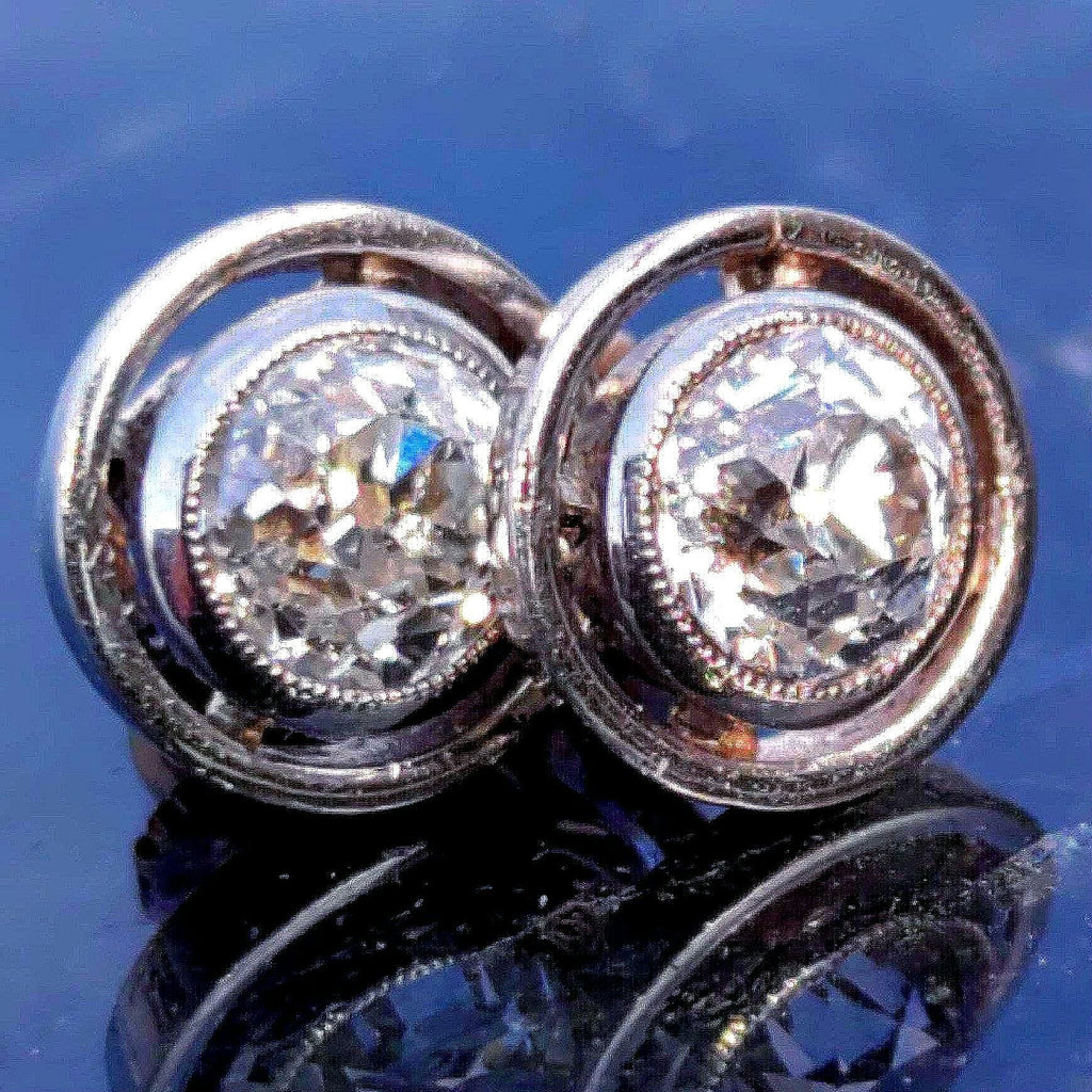 Antique 1.3ct Old European Cut Diamond 14k Gold Earrings