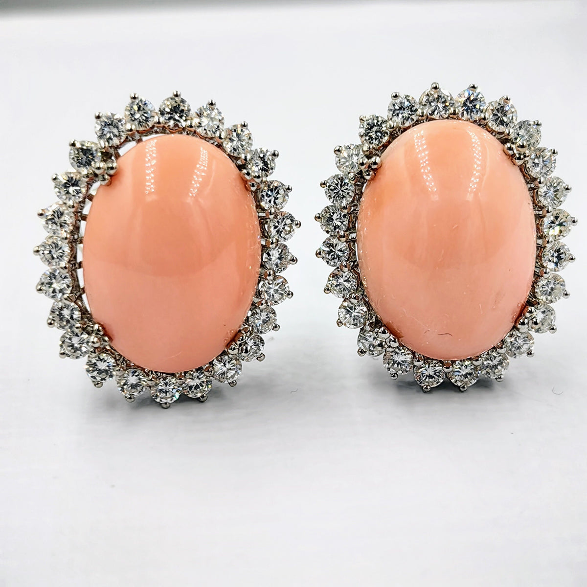 1960s Angel Skin Coral Diamond Earrings, 2.40ct Diamonds, 18k White Gold, 25mm Mid-Century Omega Backs