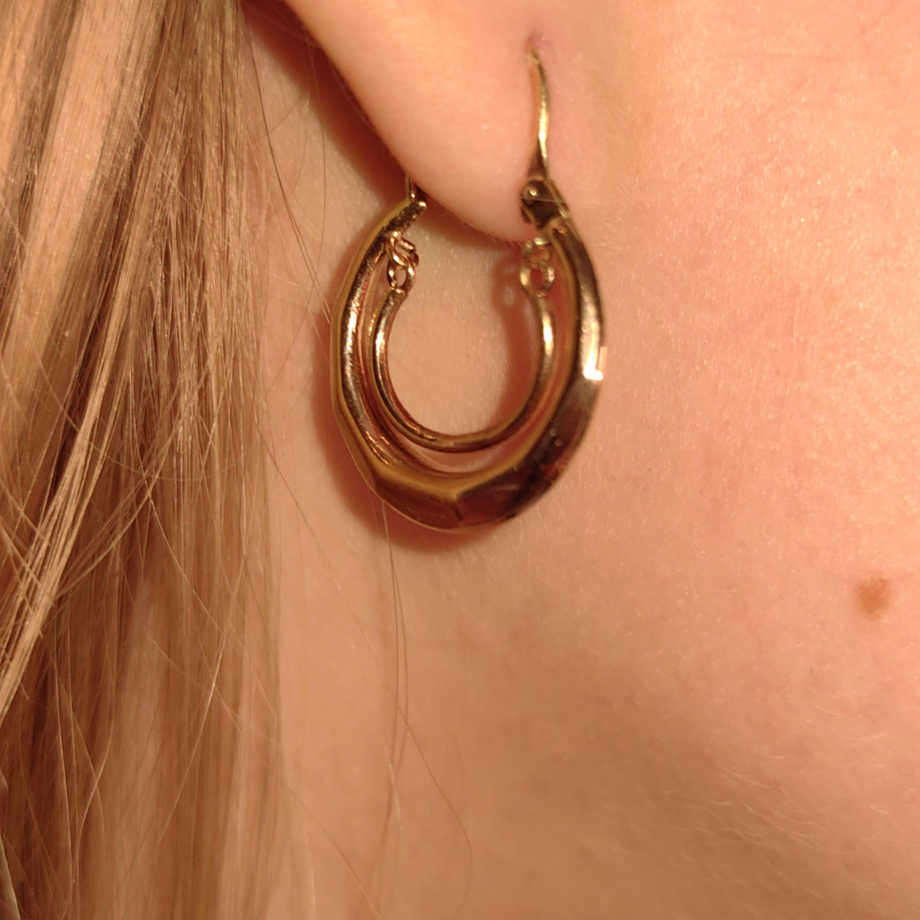 Antique 1920s Puffed Hoop 14k Hallmarked Solid Pink Yellow Gold Creole Dangle Handmade gipsy Earrings gift for her