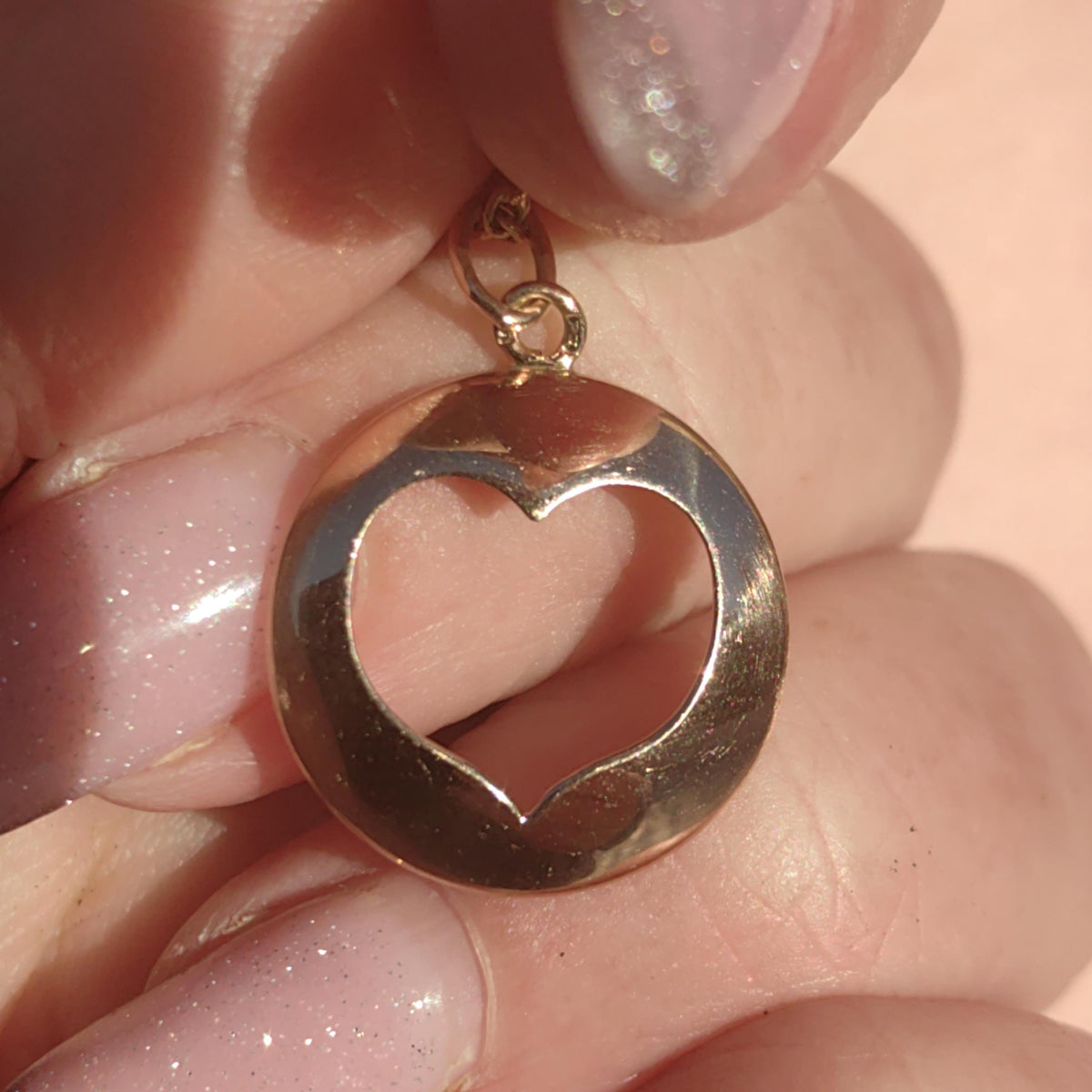 Solid 14k Yellow Gold  Hallmarked Heart Shaped Hole Romantic Love Gift Medal Pendant, curved heart gold frame love present for her Vintage