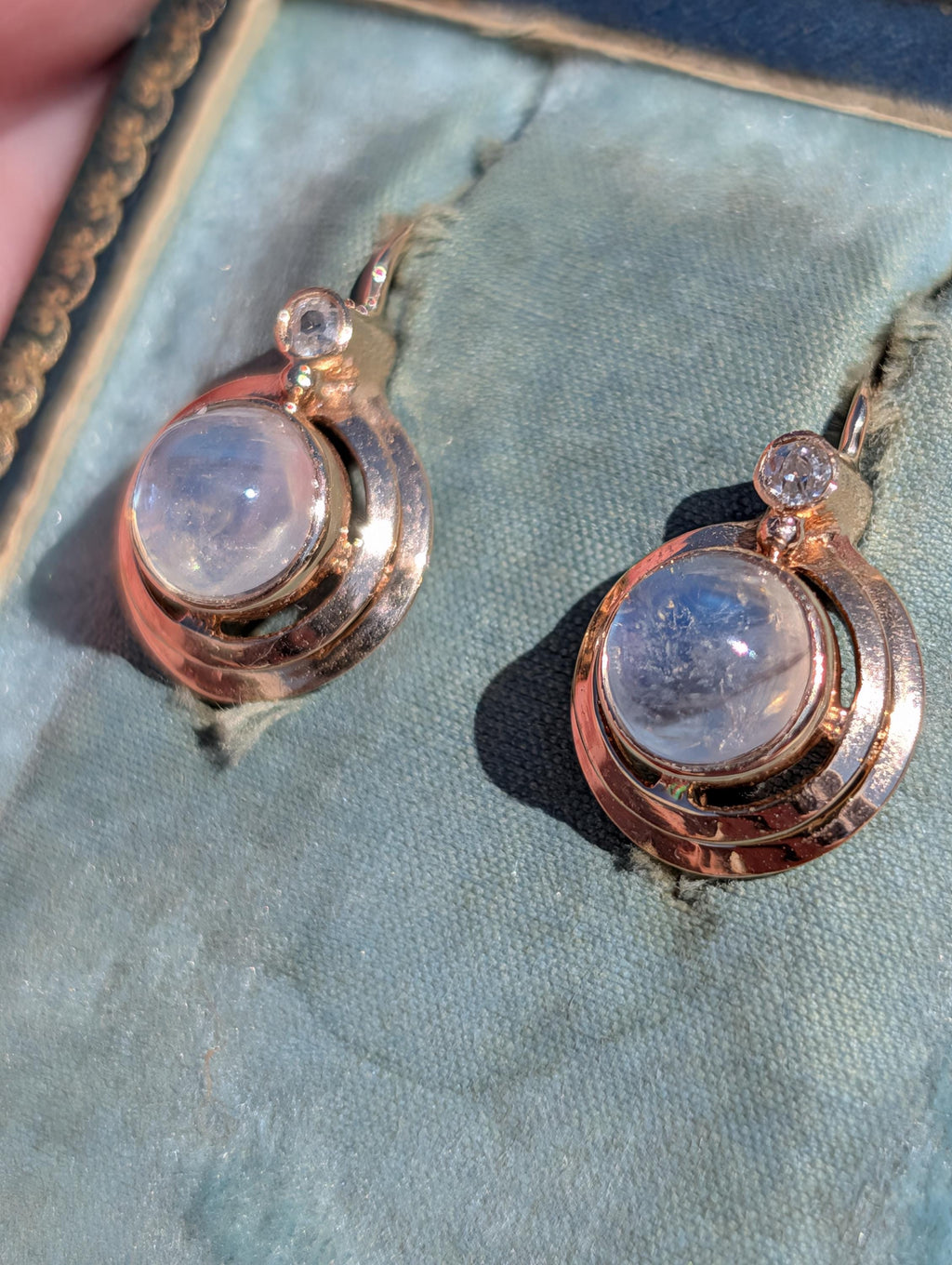 1920s Art Deco Moonstone Diamond Earrings, 14k Rose Gold, Hungarian Hallmarked Dangle