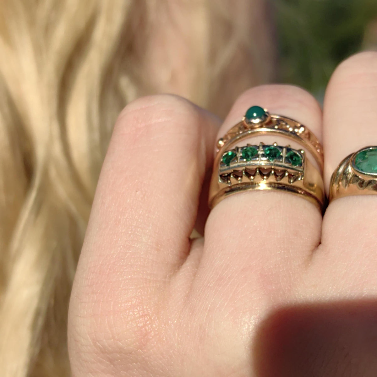 Original Mid century Antique Vintage Genuine Emerald Solid Yellow Gold and Silver Setting Elegant Stackable Band Ring