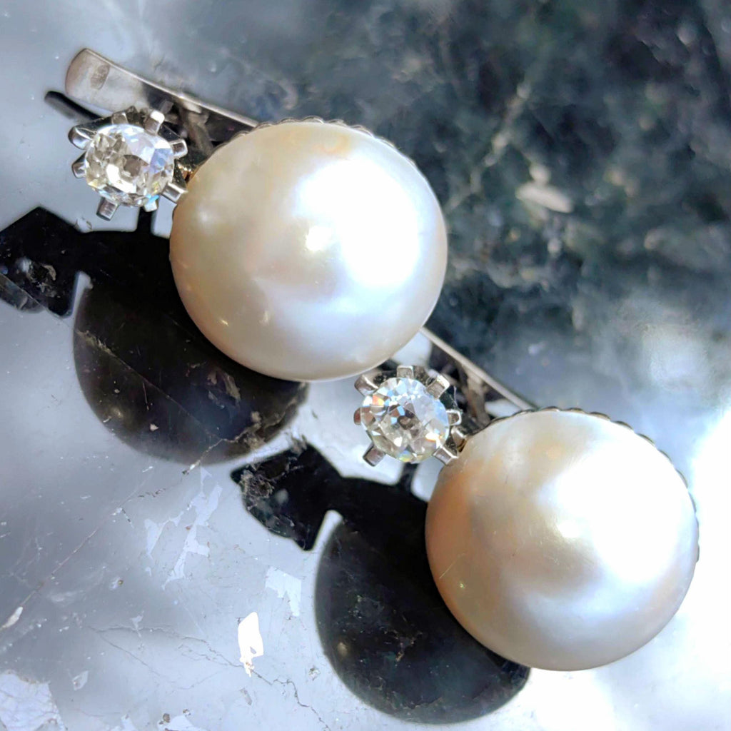 1930s Art Deco Maube Pearl Earrings: 0.74 ct Diamond, 18k White Gold