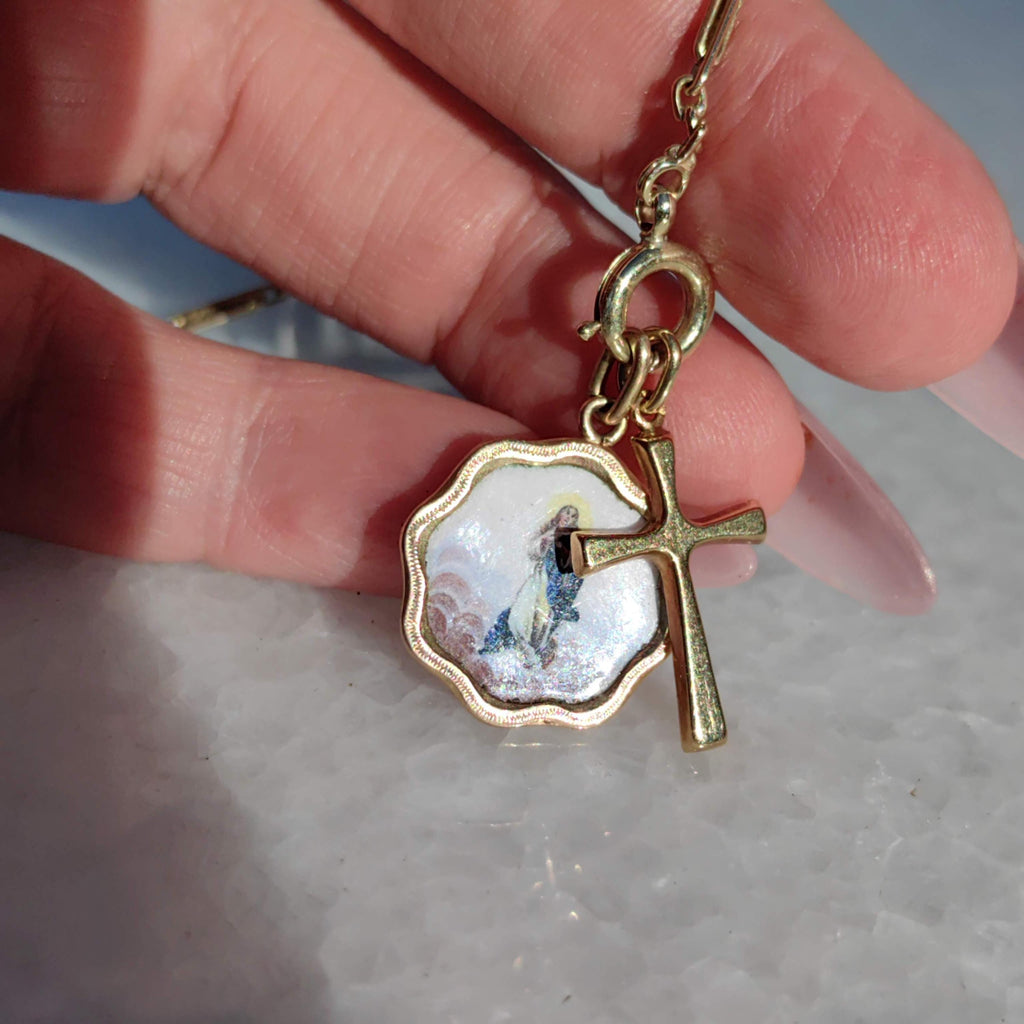 Antique Austrian-Hungarian 14k Gold Virgin Mary Enamel Pendant