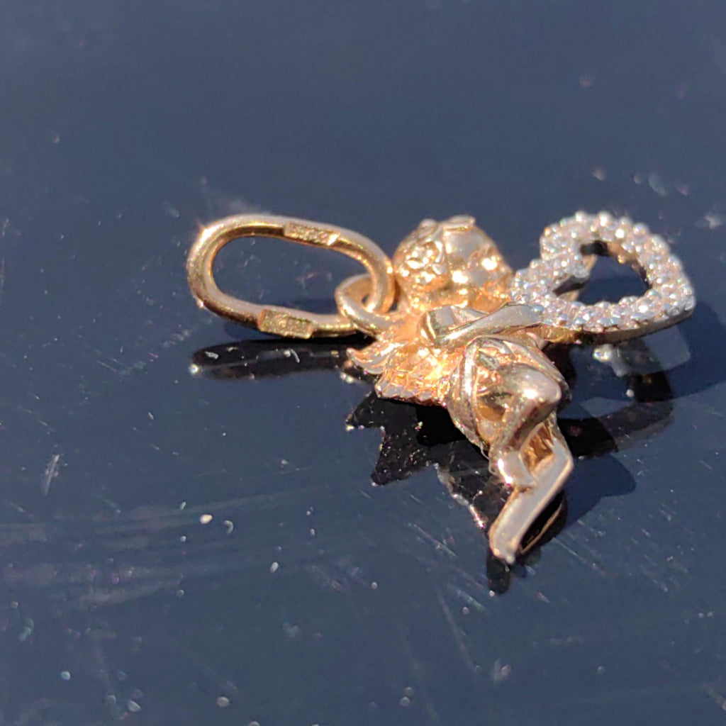 14k Yellow Gold Angel Pendant: Cubic Zirconia Heart Charm