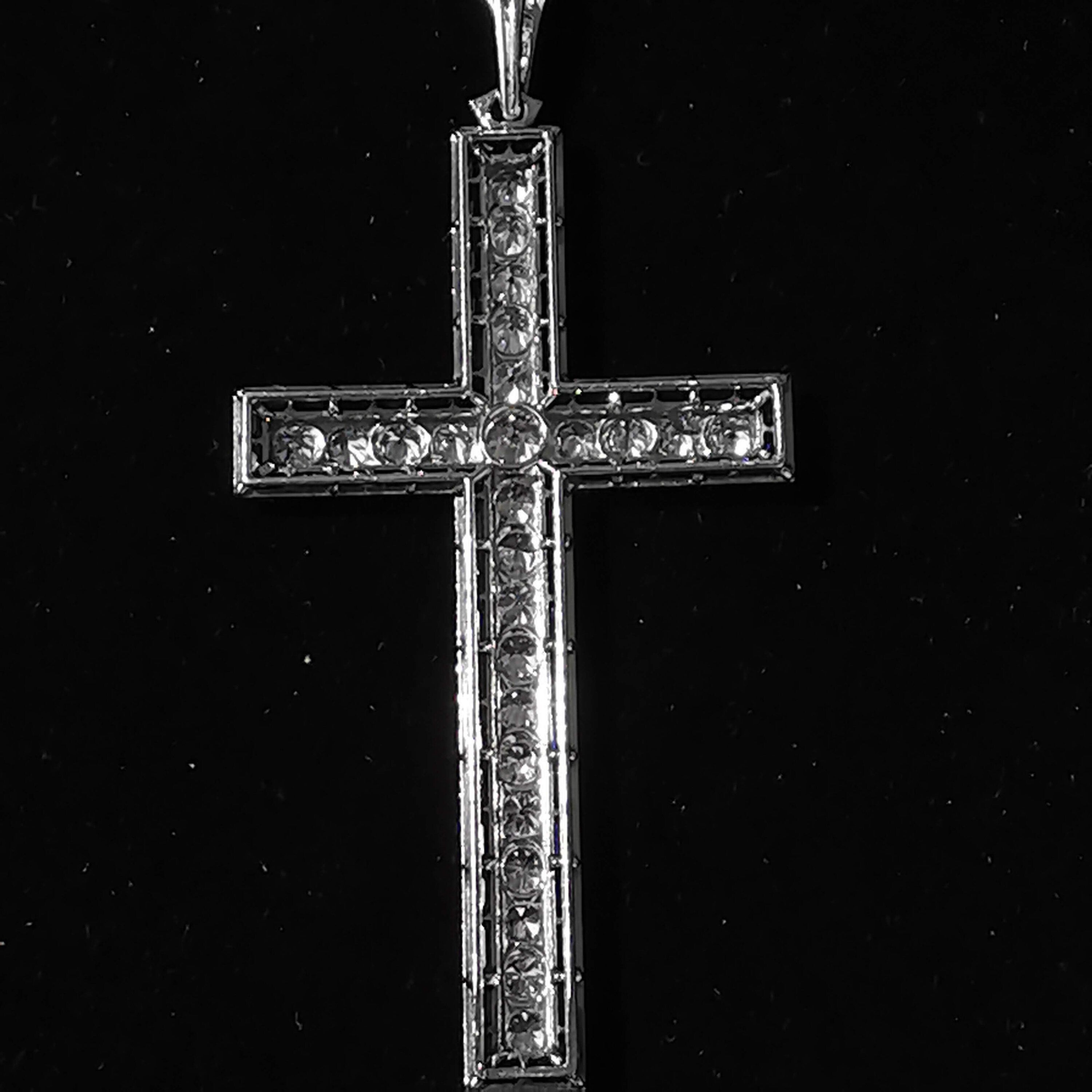 1920s Art Deco Platinum Cross Pendant: Diamond & Sapphire Antique