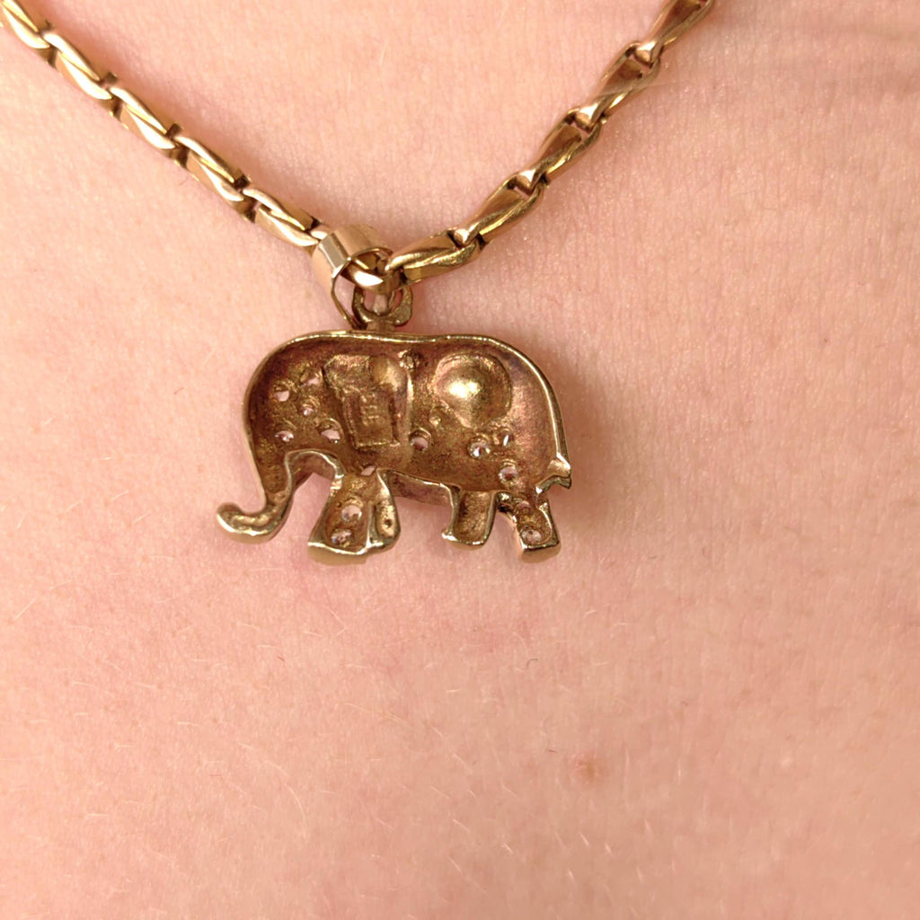 Vintage 14k Yellow Gold Elephant Pendant with Cubic Zirconia