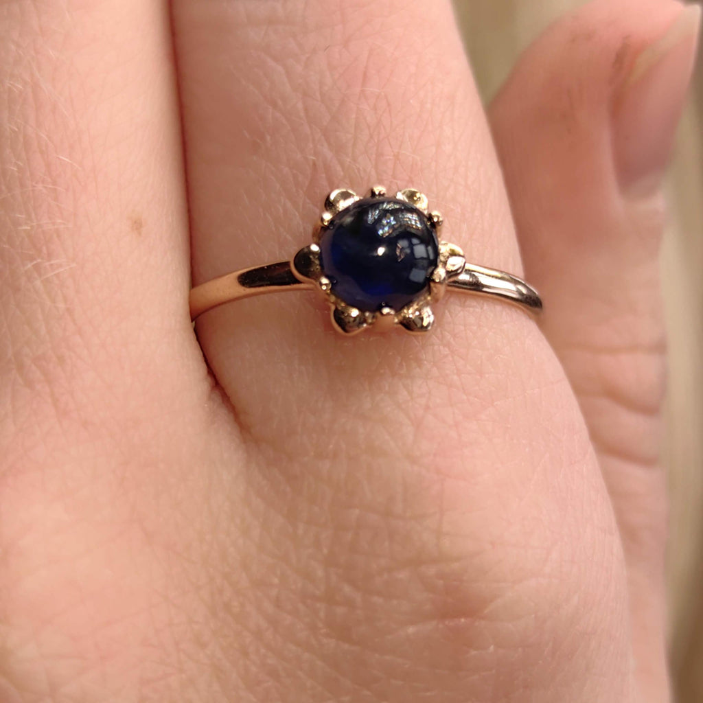 Vintage Blue Natural Cabochon Sapphire Solid Yellow Gold Dainty Ring Sapphire Engagement Ring Gift for Her Present