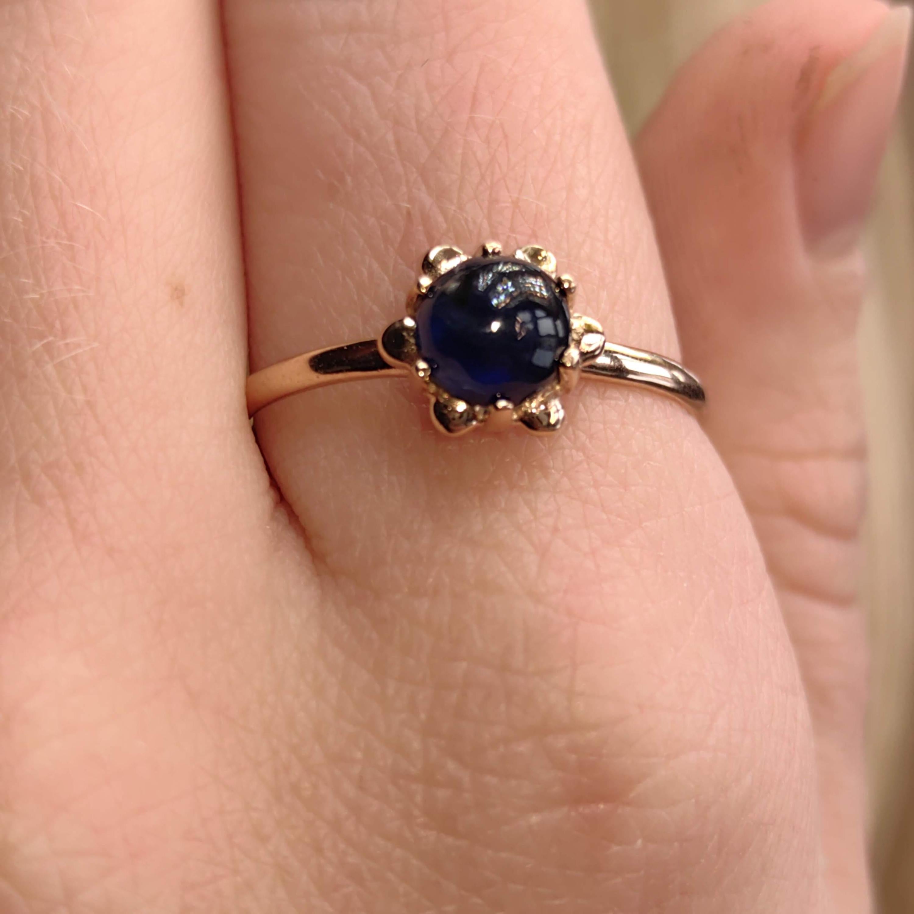 Vintage Blue Natural Cabochon Sapphire Solid Yellow Gold Dainty Ring Sapphire Engagement Ring Gift for Her Present