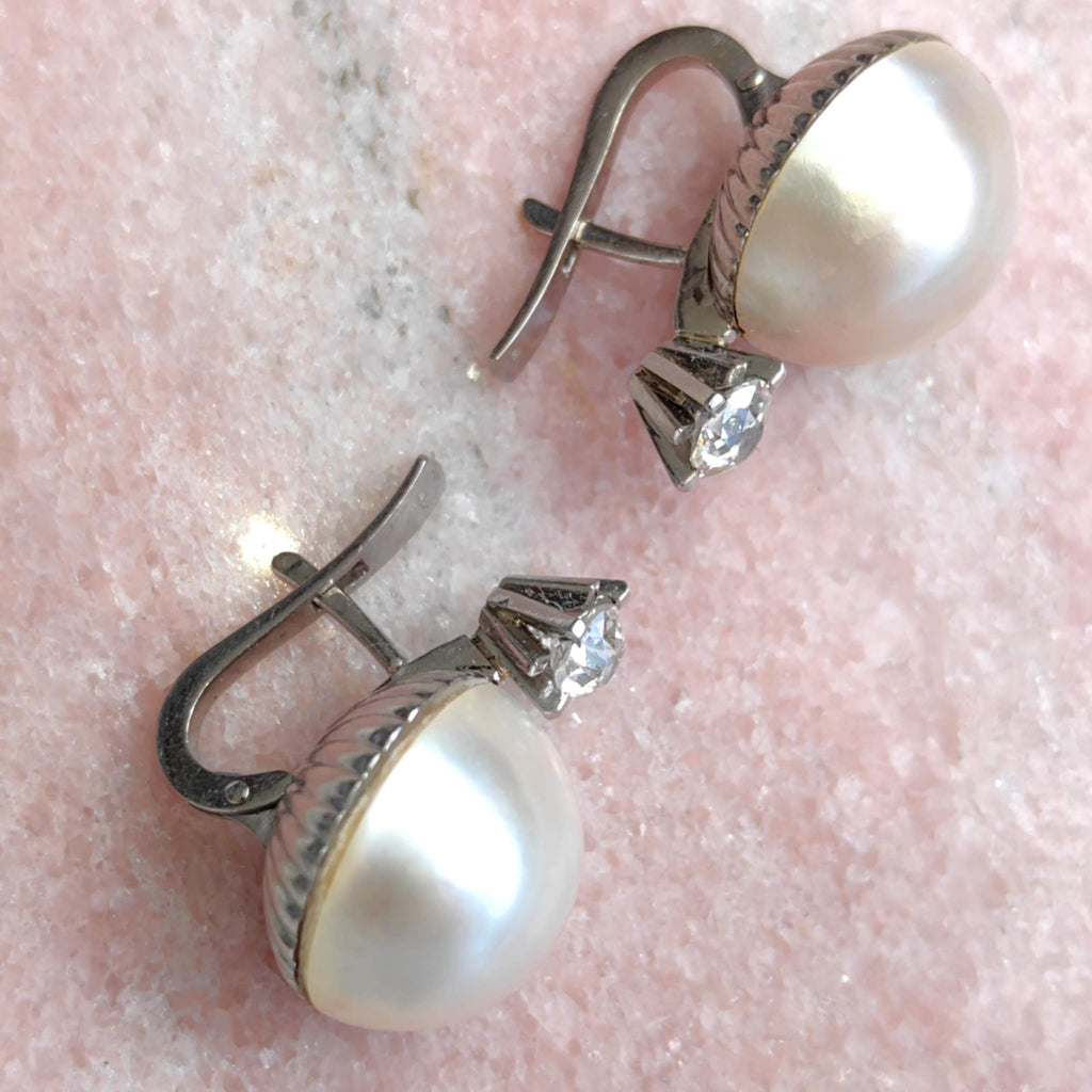 1930s Art Deco Maube Pearl Earrings: 0.74 ct Diamond, 18k White Gold