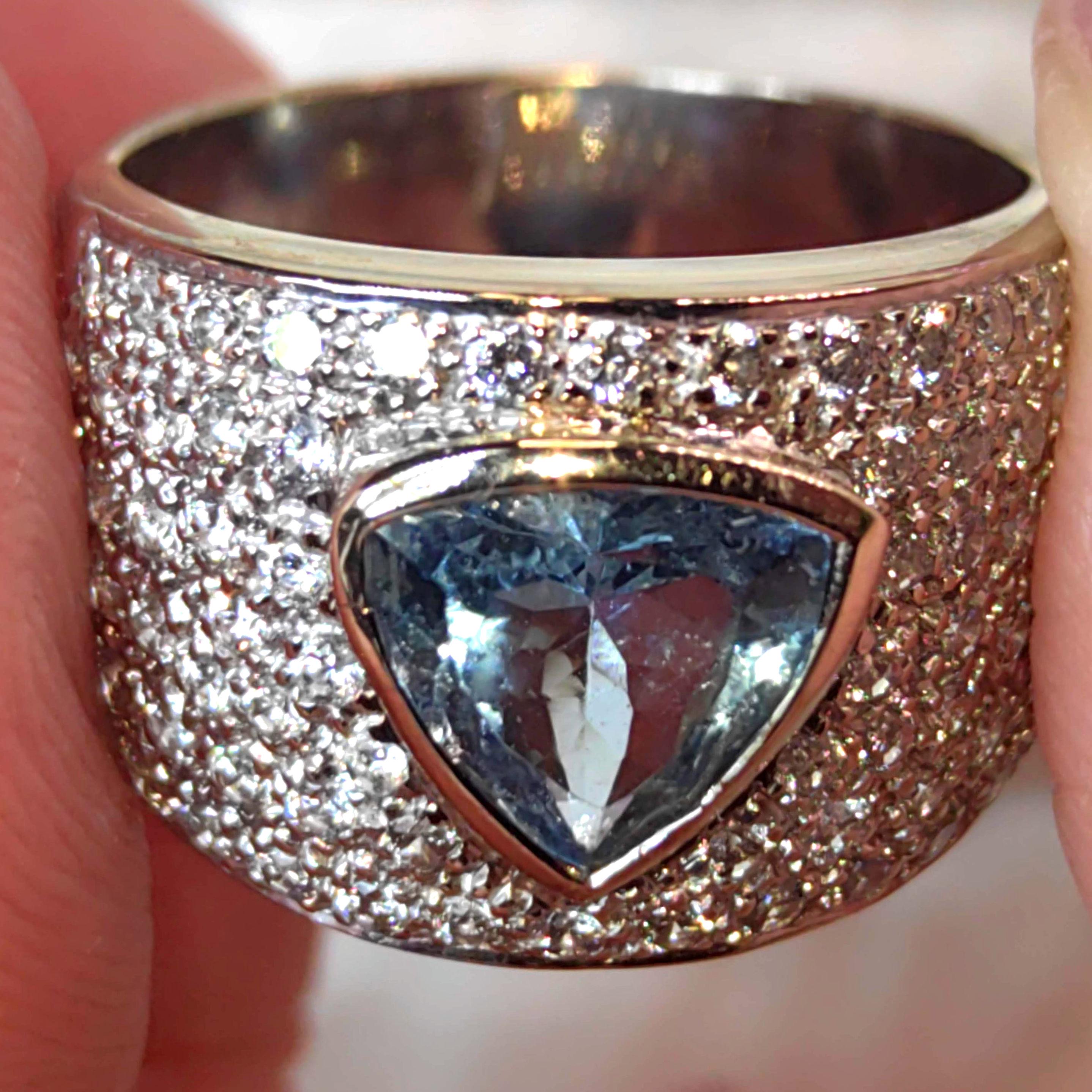 Aquamarine Trillion Diamond 18k White Gold Statement Ring, Geometric Unisex Band