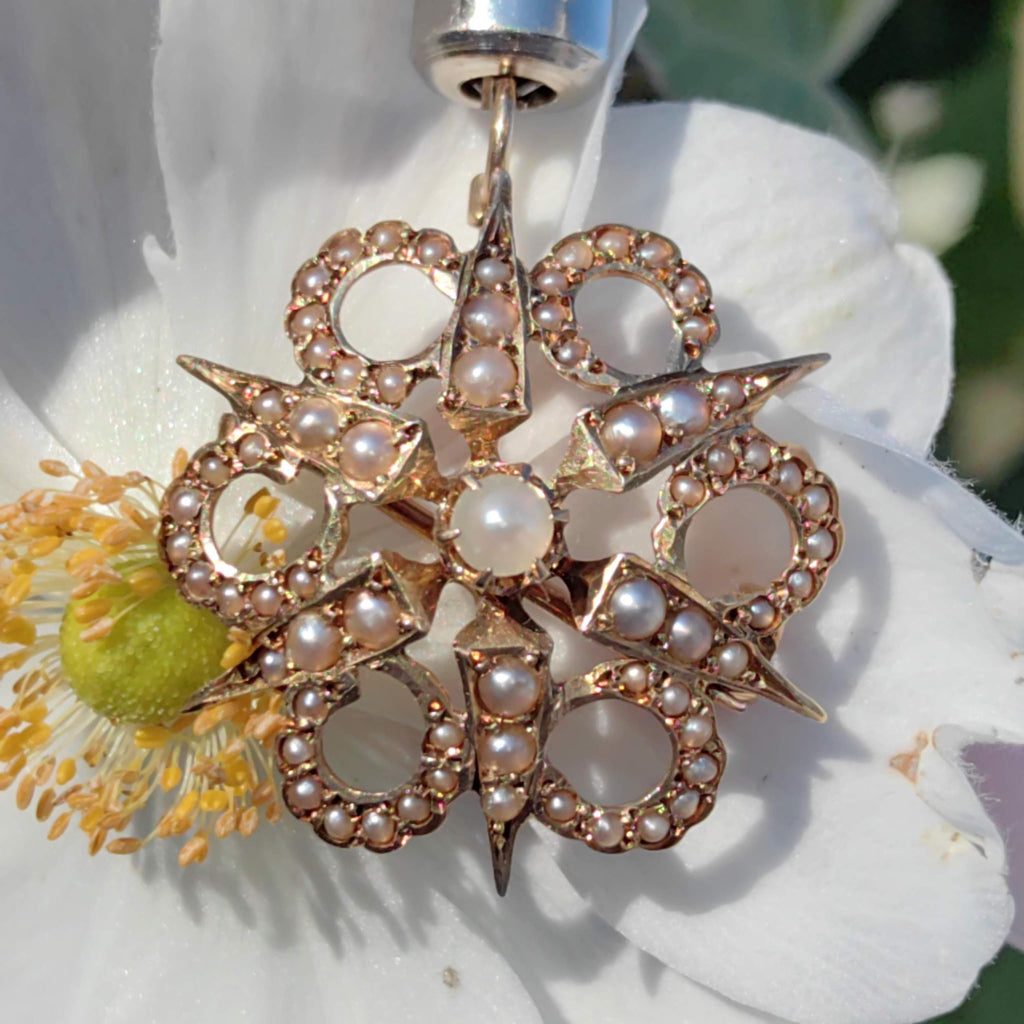 Victorian Pearl Star Pendant Brooch: 14K Yellow Gold Antique Jewelry