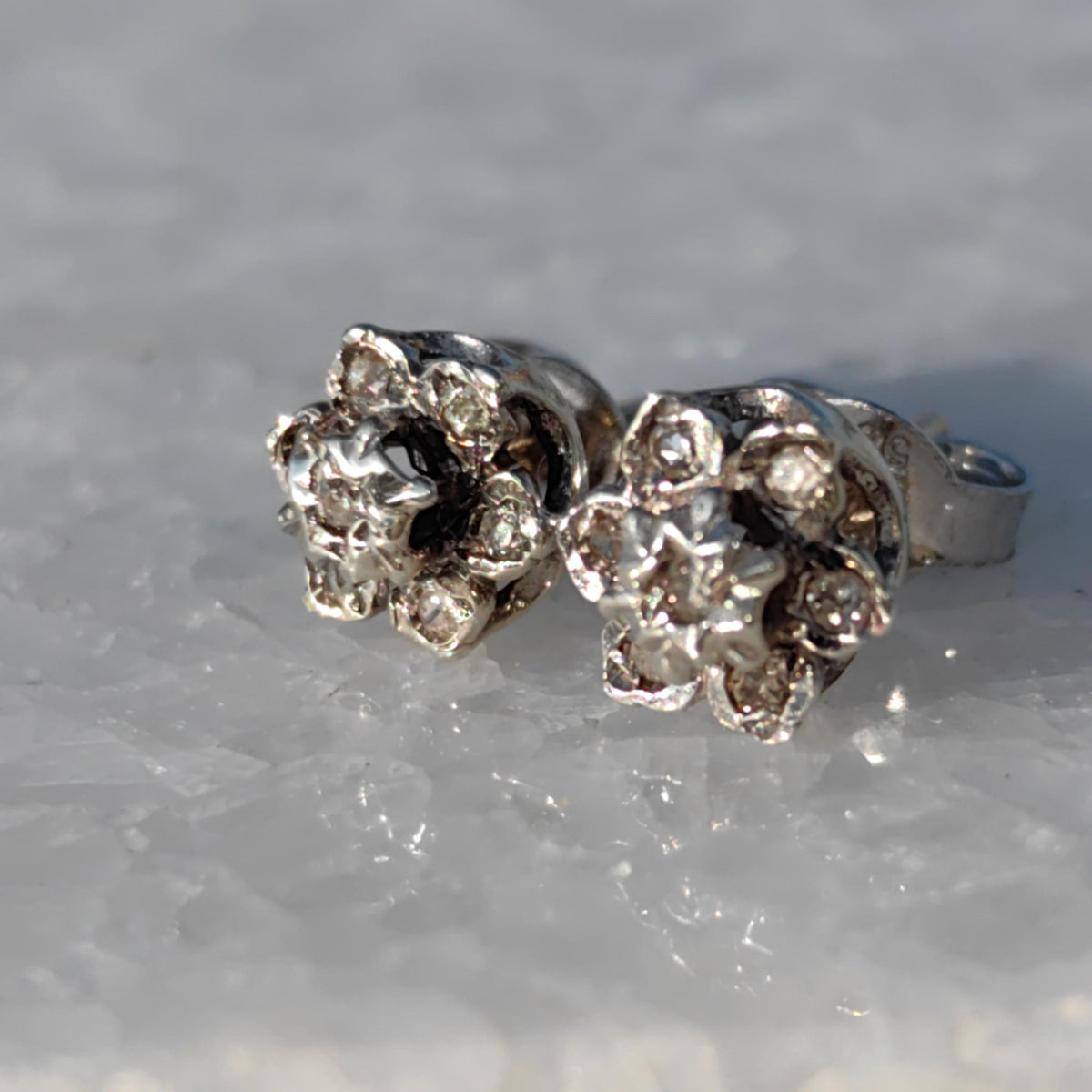Art Deco 14k Gold Diamond Floral Stud Earrings: 1940s Vintage Engagement