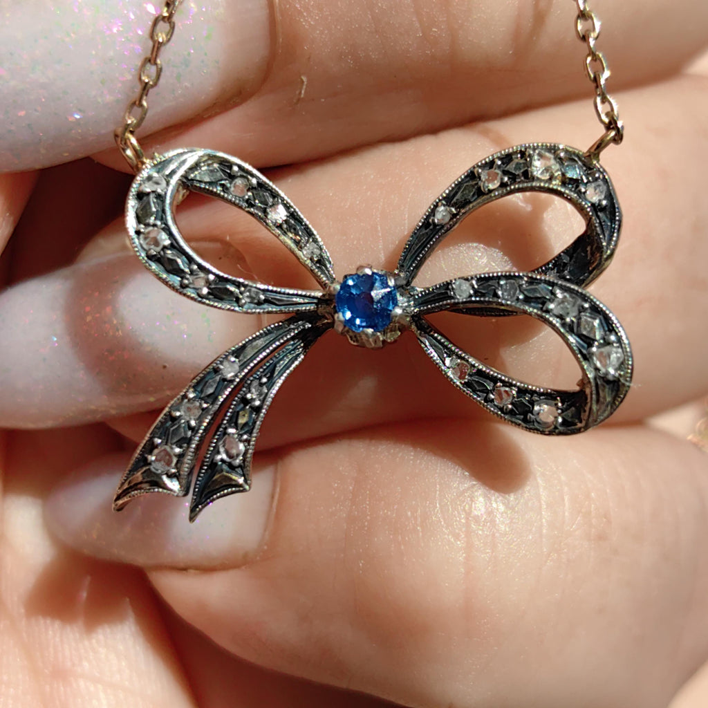 Victorian Sapphire Diamond Bow Pendant: 14k Yellow Gold Antique Necklace