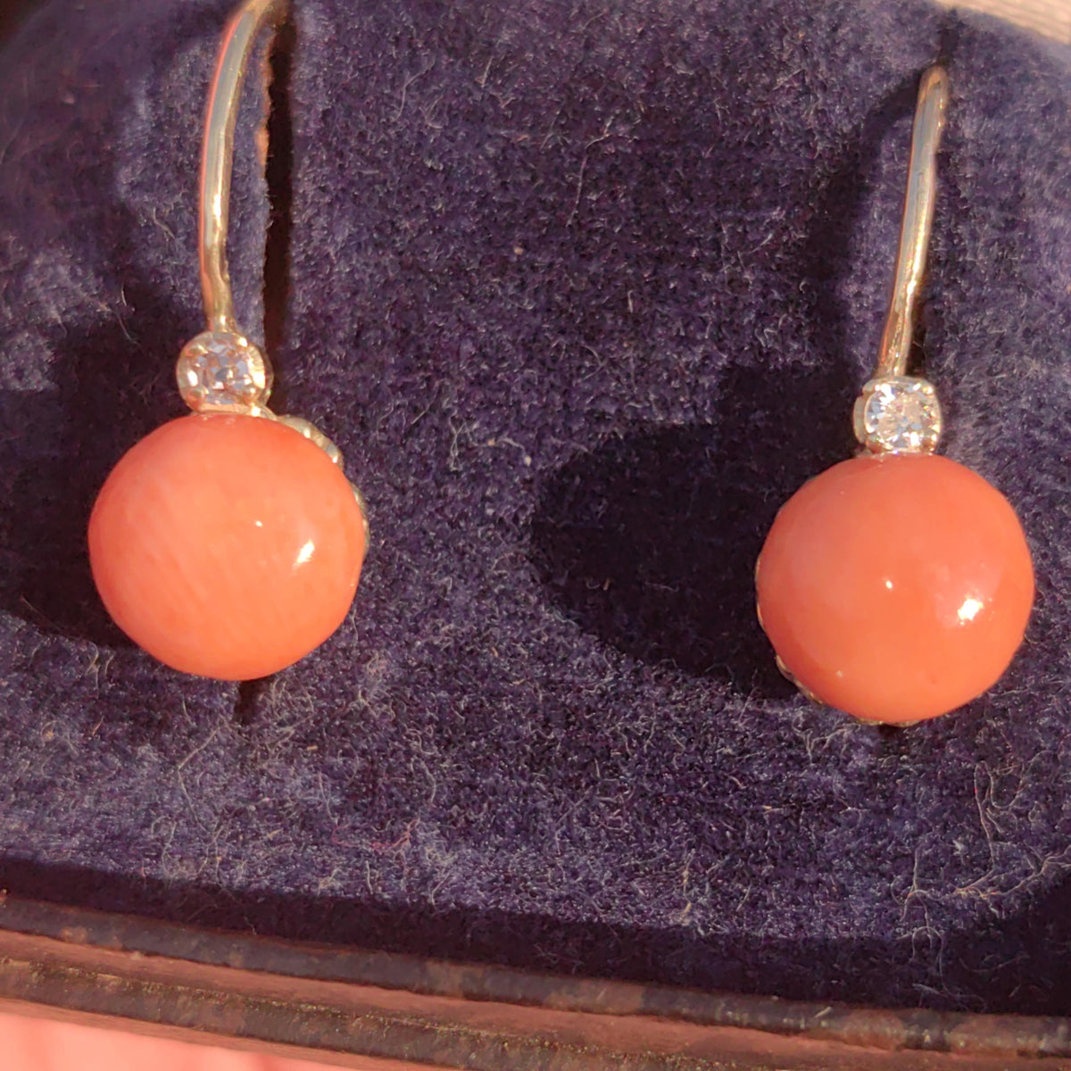 Vintage 14k Gold Coral & Diamond Earrings: Mid Century Mediterranean Design
