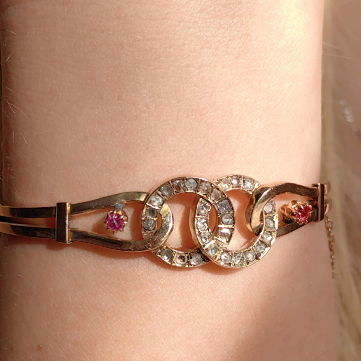 Edwardian Ruby Rose Cut Diamond 18K Gold Bangle Bracelet