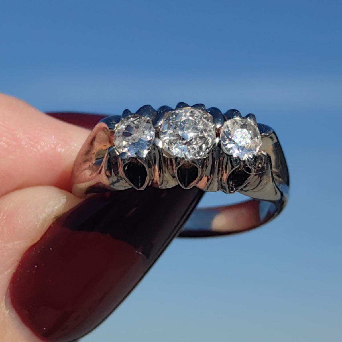 Diamond 18K Solid White Gold Vintage 1930s Art Deco Engagement Three Stone Setting Diamond Engagement Band Ring, Thick Statement Ring