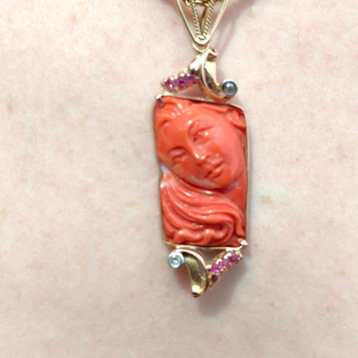Art Deco Antique Vintage Coral Diamond and Ruby Gold Hand Carved Pendant