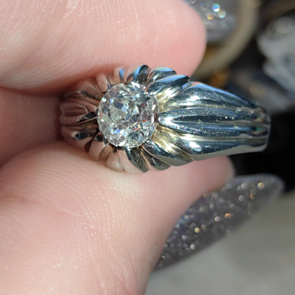 Natural Old Cut Diamond 18k Solid White Gold Art Deco 1930s Antique Elegant Unisex Chevalier Statement Ring Gift Present