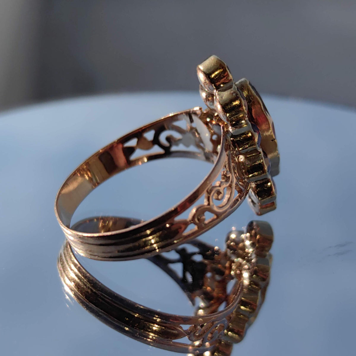 Victorian 1880s Almandine Garnet Solid 14k Yelllow Gold Elegant Statement Ring Marquise Floral Design Gift for Her Present