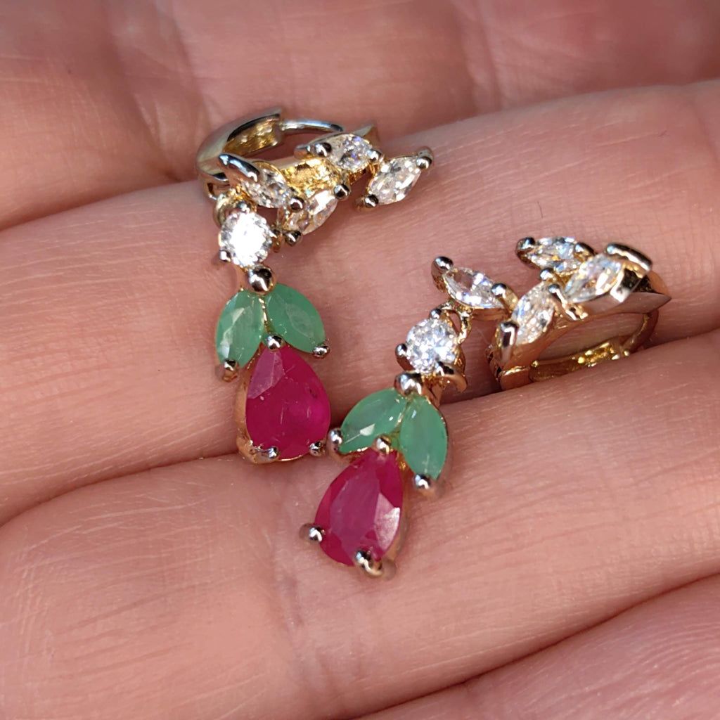 9k Gold Floral Dangle Earrings: Ruby, Emerald & Cubic Zirconia