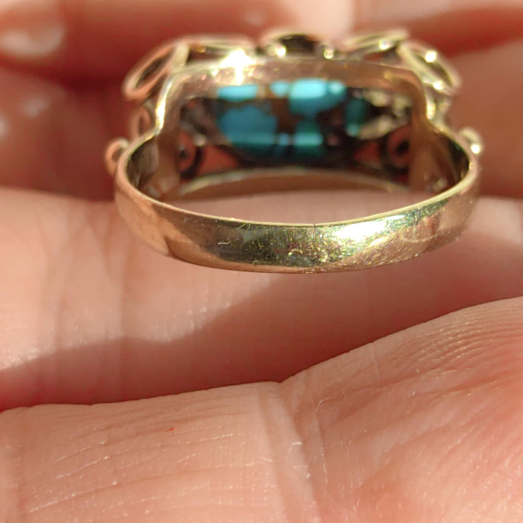 Art Deco Natural Blue Turquoise Ring, 14k Yellow Gold Antique Statement Ring, 1930s Cabochon Gemstone Vintage Jewelry Gift