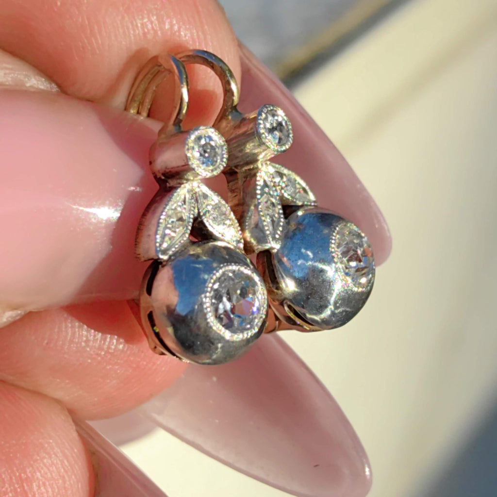 Art Nouveau 1900s Diamond "Buds" Dangle Earrings Antique 14k Yellow Rose Gold Floral Jewelry Gift Present