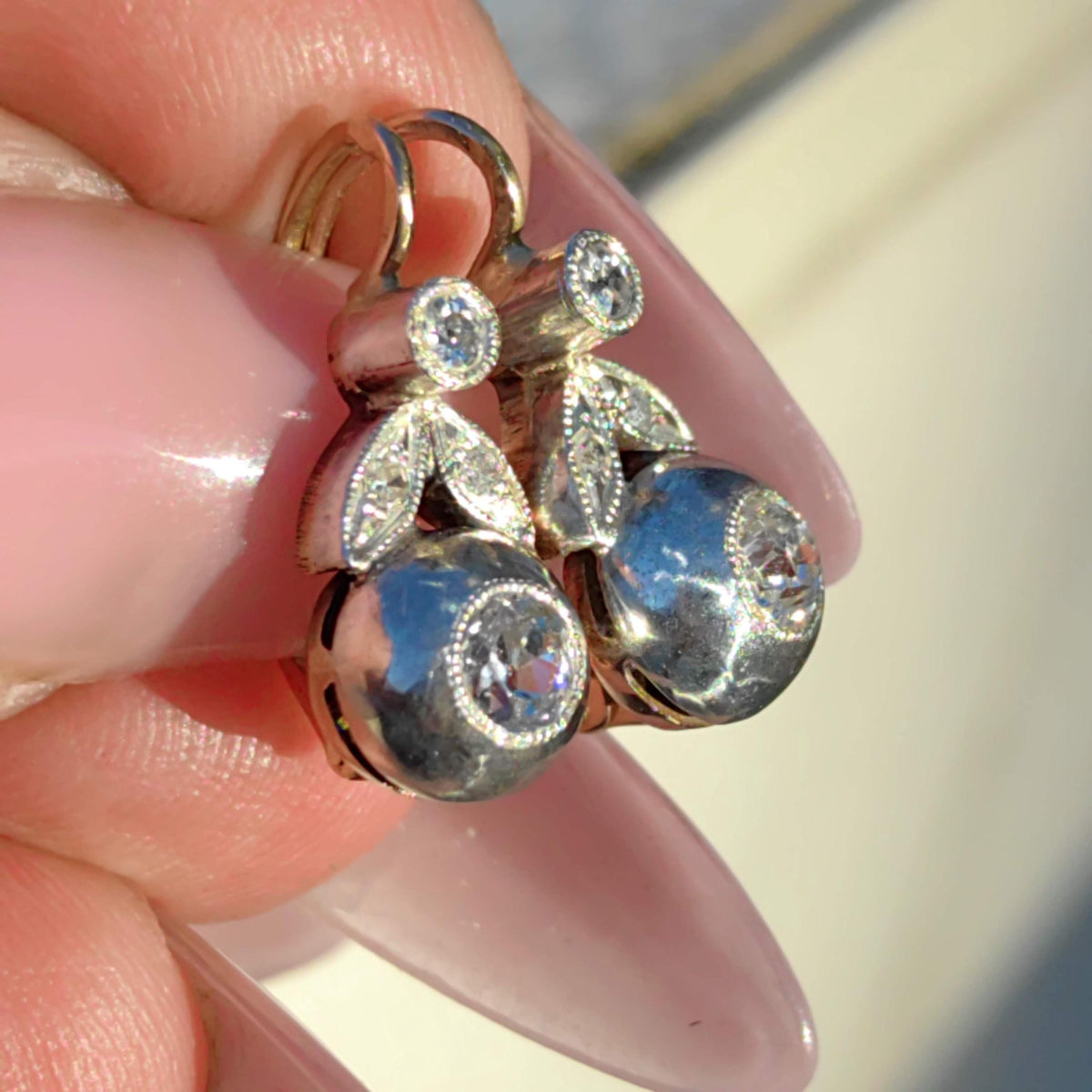 Art Nouveau 1900s Diamond "Buds" Dangle Earrings Antique 14k Yellow Rose Gold Floral Jewelry Gift Present