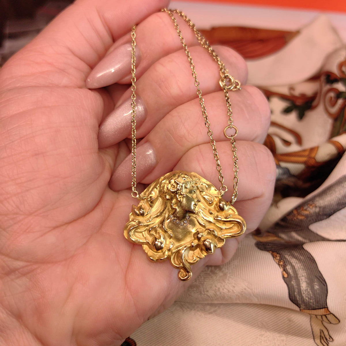 Antique Original Art Nouveau 14K Gold Lady Pendant Necklace French Belle Époque Woman Relief Repoussé Medallion c1900 Hallmarked