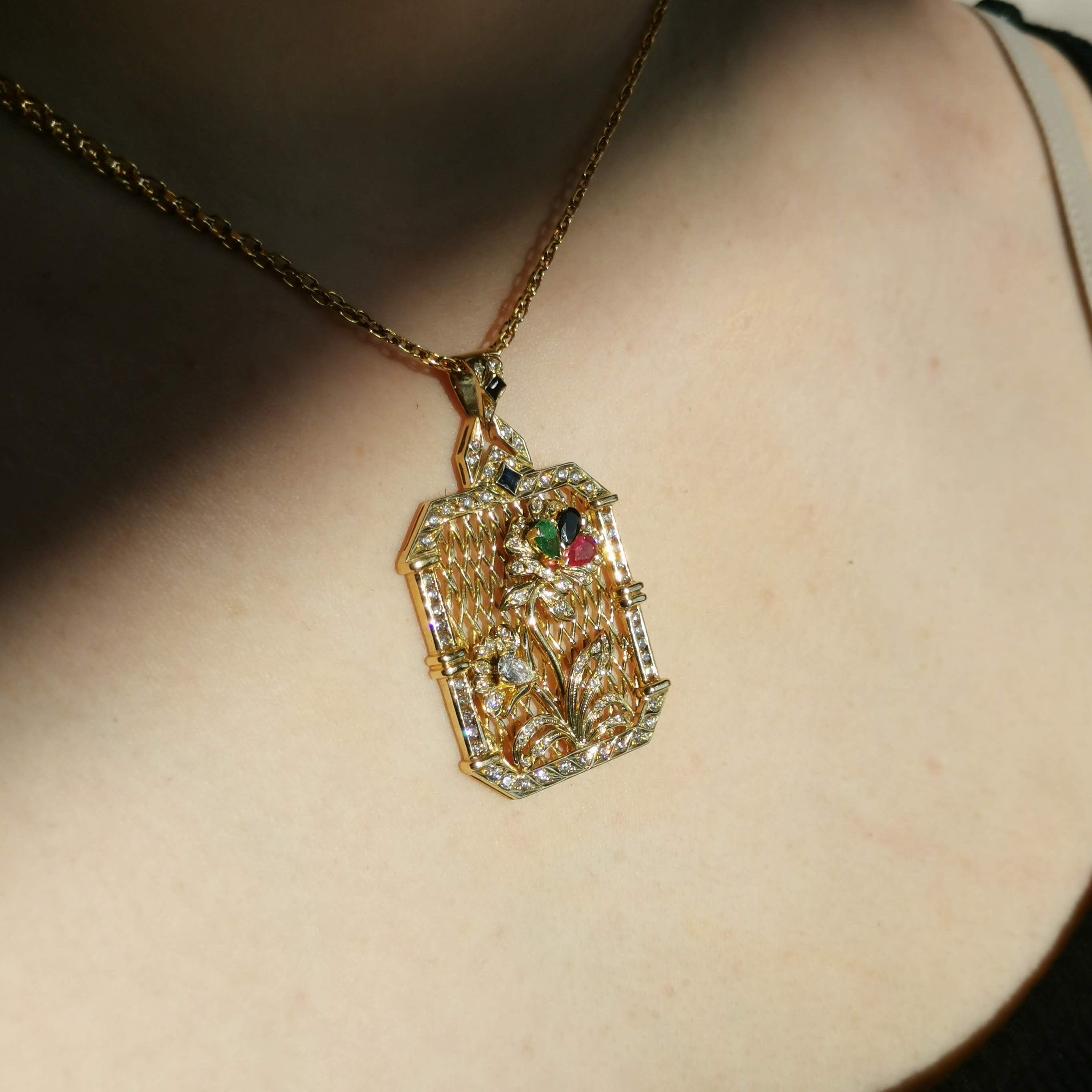 Art Deco 18k Gold Diamond Tutti Frutti Pendant: Emerald, Ruby, Sapphire