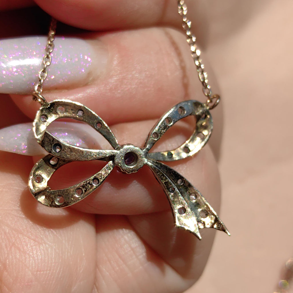 Victorian Sapphire Diamond Bow Pendant: 14k Yellow Gold Antique Necklace
