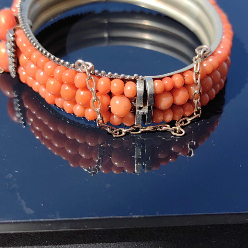Victorian 800 Silver Coral Bangle Bracelet: Pearl Accent Statement Jewelry